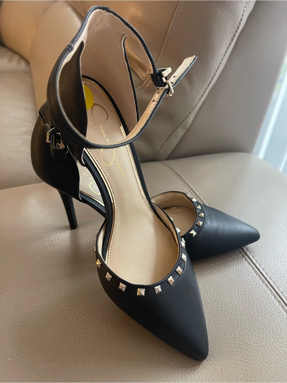 Jessica Simpson Black Pointed Toe Ankle-Strap Heels with Stud Trim